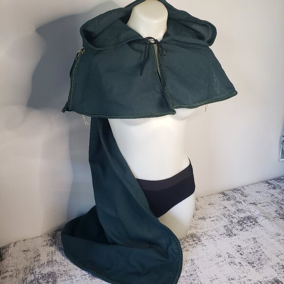 Large Linen Like Dark Green Hooded Medieval Cape w Gold Lacing Details - Picture 2 of 12